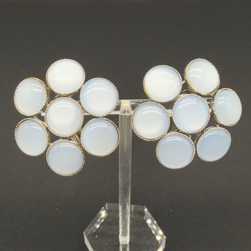Vintage Moonstone Lucite Moonglow Clip-On Earrings Cluster Silver Tone NOTE